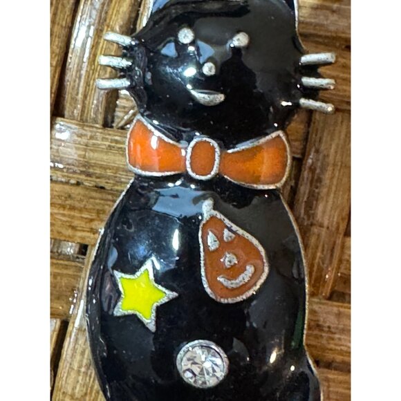 Halloween-Themed Black Cat Brooch With Star & Pumpkin Design - Picture 2 of 4